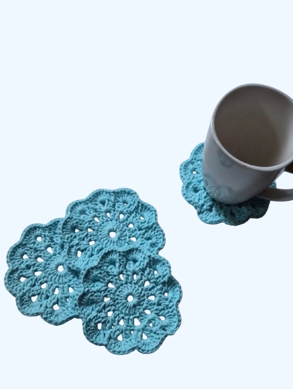 Ecofriendly Cotton Spring Flower Coaster Set of 4-Handmade Crocheted-Spa Blue